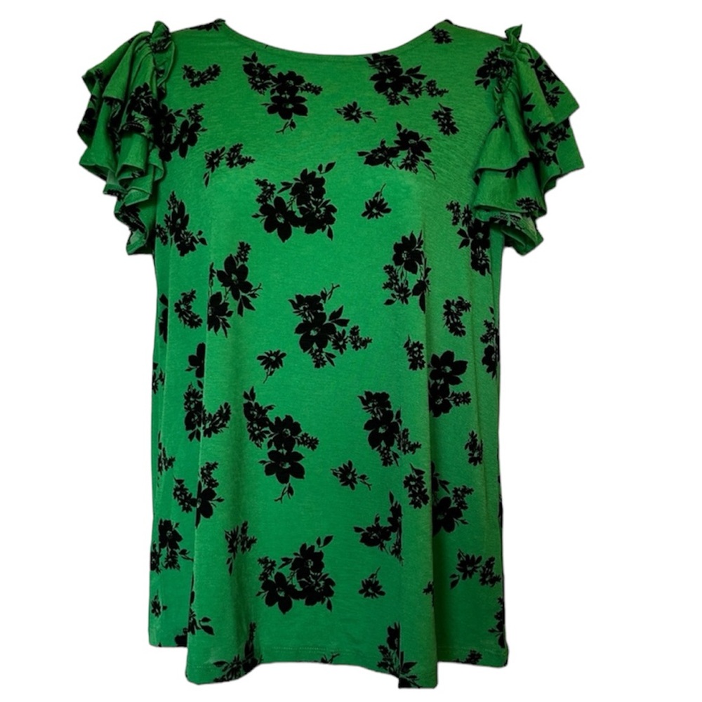 Cato NWOT Green With Black Floral Ruffled Sleeves Top XS